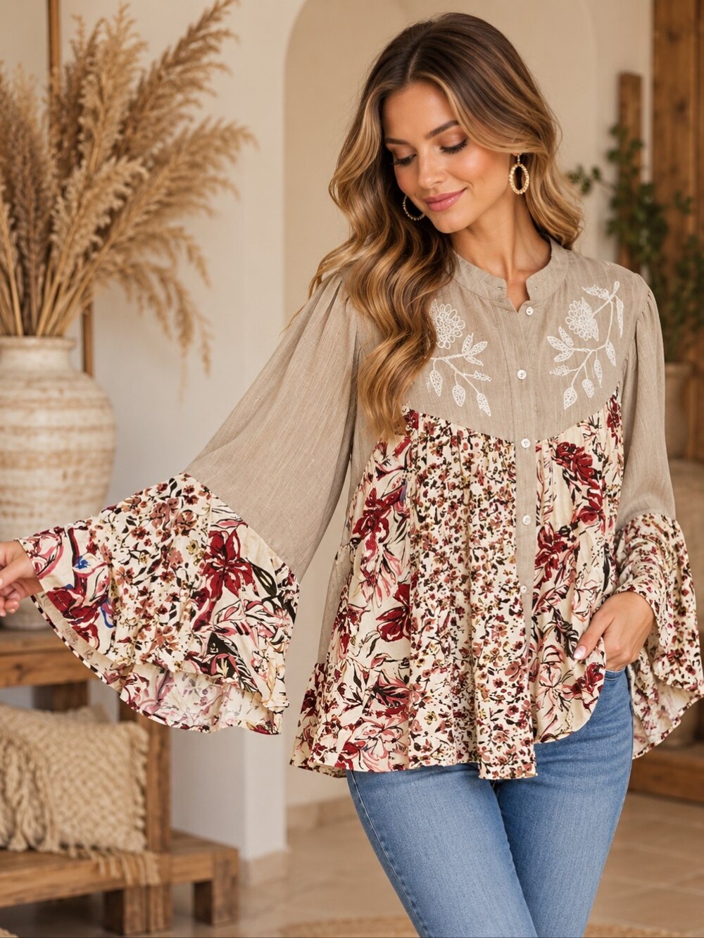 606. Boho Embroidered Floral Mixed-Print Peasant Blouse